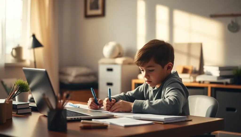 A well-organized home office with a laptop, pens, and documents, bathed in warm, diffused lighting. A thoughtful parent, facing the camera, appears to be carefully composing a formal request for remote work to support their young child. The scene conveys a sense of professionalism, diligence, and a desire to balance work and family responsibilities. The image should serve as a visual guide for crafting an effective, persuasive remote work application. A well-organized home office with a laptop, pens, and documents, bathed in warm, diffused lighting. A thoughtful parent, facing the camera, appears to be carefully composing a formal request for remote work to support their young child. The scene conveys a sense of professionalism, diligence, and a desire to balance work and family responsibilities. The image should serve as a visual guide for crafting an effective, persuasive remote work application.