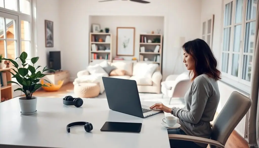 A well-organized remote workspace for parents, bathed in soft, natural light from large windows. In the foreground, a minimalist desk with a laptop, a potted plant, and a pair of noise-cancelling headphones. The middle ground features a comfortable armchair and a small side table with a cup of coffee. The background showcases a cozy, neutral-toned living area with bookcases and framed artwork, creating a harmonious and focused environment. Subtle hints of toys and children's items suggest the delicate balance of work and family life. The overall scene conveys a sense of productivity, calm, and a thoughtful approach to designing a functional, yet inviting remote work setup for parents. Prompt A well-organized remote workspace for parents, bathed in soft, natural light from large windows. In the foreground, a minimalist desk with a laptop, a potted plant, and a pair of noise-cancelling headphones. The middle ground features a comfortable armchair and a small side table with a cup of coffee. The background showcases a cozy, neutral-toned living area with bookcases and framed artwork, creating a harmonious and focused environment. Subtle hints of toys and children's items suggest the delicate balance of work and family life. The overall scene conveys a sense of productivity, calm, and a thoughtful approach to designing a functional, yet inviting remote work setup for parents. Prompt