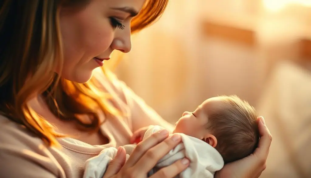 A woman gently cradling her infant, gazing down with a serene, thoughtful expression as she prepares to wean the child from breastfeeding. The scene is bathed in warm, golden light, creating a peaceful, intimate atmosphere. The mother's hands tenderly hold the baby, who rests contentedly, signifying the bond and care between them. The background is softly blurred, allowing the focus to remain on this private, tender moment of transition. Soft, pastel tones predominate, conveying a sense of calm and emotional sensitivity. A woman gently cradling her infant, gazing down with a serene, thoughtful expression as she prepares to wean the child from breastfeeding. The scene is bathed in warm, golden light, creating a peaceful, intimate atmosphere. The mother's hands tenderly hold the baby, who rests contentedly, signifying the bond and care between them. The background is softly blurred, allowing the focus to remain on this private, tender moment of transition. Soft, pastel tones predominate, conveying a sense of calm and emotional sensitivity.