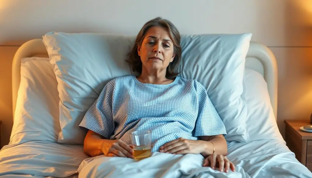 A woman in a hospital gown sits upright in a hospital bed, her face expressing a mix of exhaustion and determination. Soft, warm lighting illuminates the scene, creating a calming atmosphere. The bedsheets are crisp and clean, and a nightstand with a glass of water and a call button is visible. The woman's hands rest on the bed, highlighting her rights as a patient, such as the right to information, the right to participate in decisions, and the right to receive proper care. The background is blurred, keeping the focus on the woman and her experience.