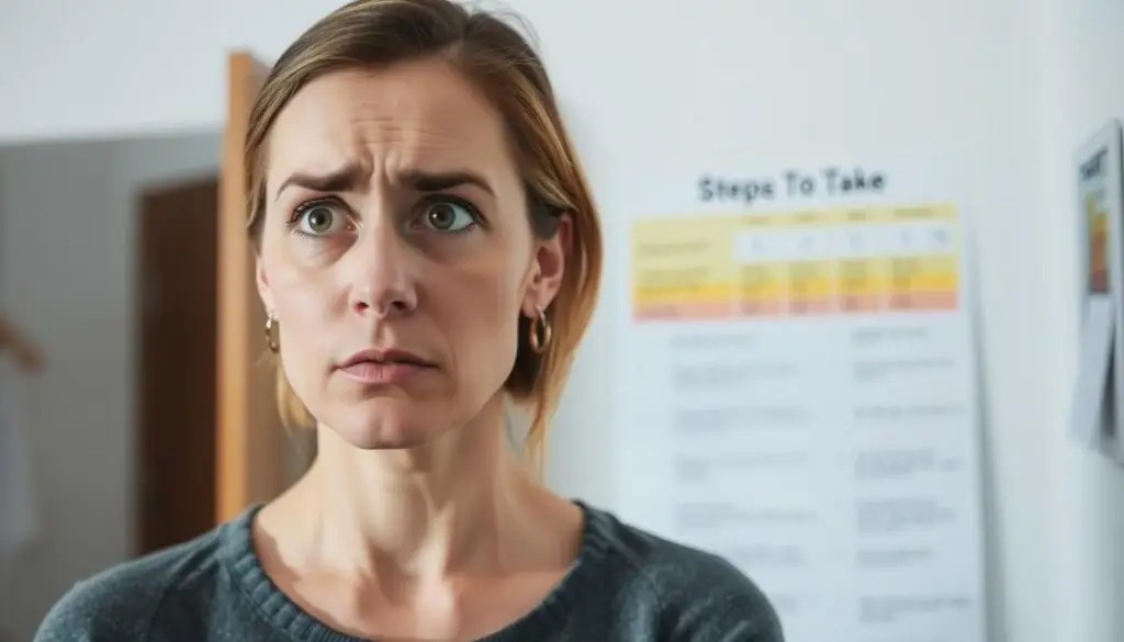 A woman standing in a room, looking anxious and concerned. Soft, natural lighting illuminates her face, highlighting her worried expression. In the background, a medical chart or document is visible, representing the "steps to take" for unintentional exposure during pregnancy. The scene conveys a sense of uncertainty and the need for guidance, reflecting the subject of the article section "Jakie kroki podjąć po nieświadomej ekspozycji?". A woman standing in a room, looking anxious and concerned. Soft, natural lighting illuminates her face, highlighting her worried expression. In the background, a medical chart or document is visible, representing the "steps to take" for unintentional exposure during pregnancy. The scene conveys a sense of uncertainty and the need for guidance, reflecting the subject of the article section "Jakie kroki podjąć po nieświadomej ekspozycji?".