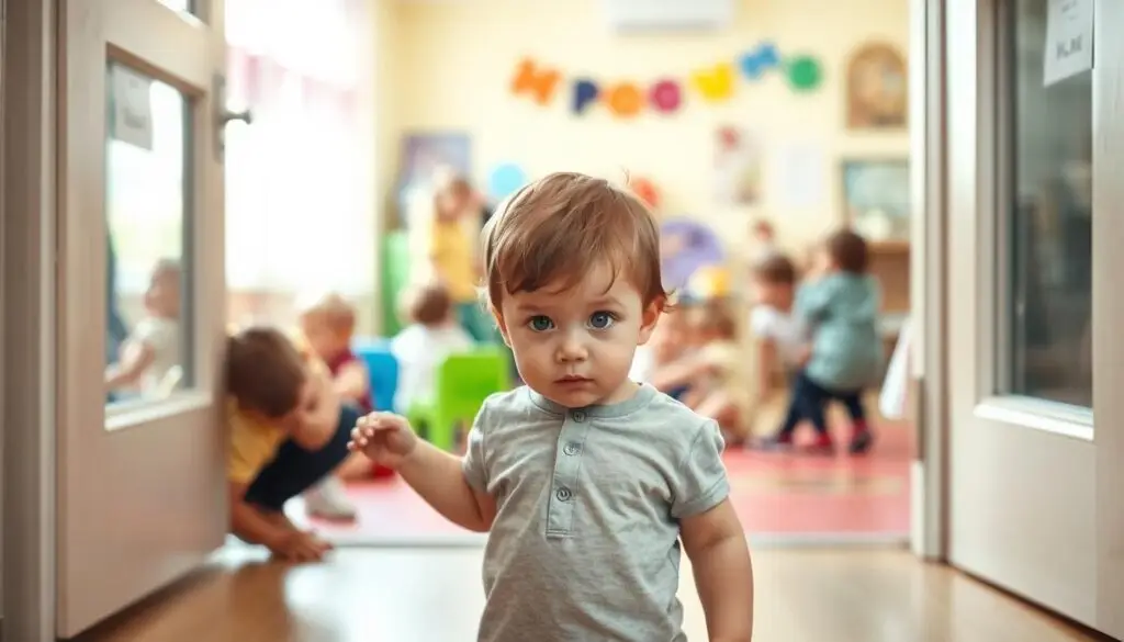 A young child, full of apprehension, stands at the doorway of a vibrant, welcoming preschool. Their eyes are wide with uncertainty, brow furrowed as they contemplate the unfamiliar environment. In the foreground, a parent kneels beside the child, offering a comforting hand and a reassuring smile, guiding them gently towards the entrance. The middle ground captures the bustling activity of the preschool, with children playing and exploring, their laughter and energy radiating a sense of warmth and security. The background fades into a soft, blurred landscape, allowing the focus to remain on the child's expression and the parent's nurturing presence. Soft, natural lighting bathes the scene, creating a sense of empathy and understanding as the child's trepidation is acknowledged and addressed. A young child, full of apprehension, stands at the doorway of a vibrant, welcoming preschool. Their eyes are wide with uncertainty, brow furrowed as they contemplate the unfamiliar environment. In the foreground, a parent kneels beside the child, offering a comforting hand and a reassuring smile, guiding them gently towards the entrance. The middle ground captures the bustling activity of the preschool, with children playing and exploring, their laughter and energy radiating a sense of warmth and security. The background fades into a soft, blurred landscape, allowing the focus to remain on the child's expression and the parent's nurturing presence. Soft, natural lighting bathes the scene, creating a sense of empathy and understanding as the child's trepidation is acknowledged and addressed.