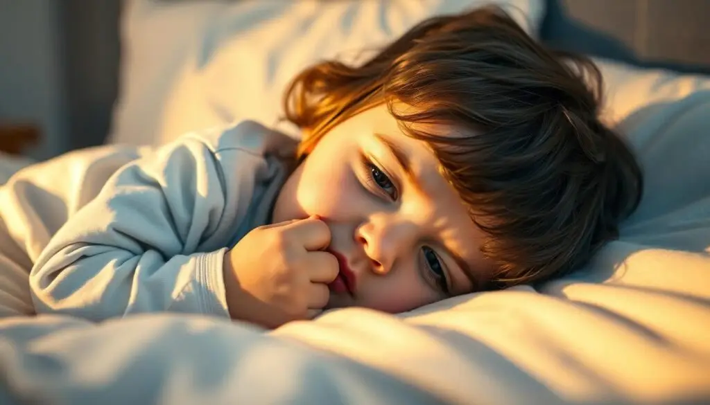 A young child lying on a soft, comfortable bed, their face in close-up as they gently pinch their nose, a concerned expression on their face. The lighting is warm and inviting, casting gentle shadows that highlight the child's features. The background is slightly blurred, suggesting a cozy, domestic setting. The image conveys a sense of care and concern, emphasizing the importance of properly diagnosing a blocked nose in children.