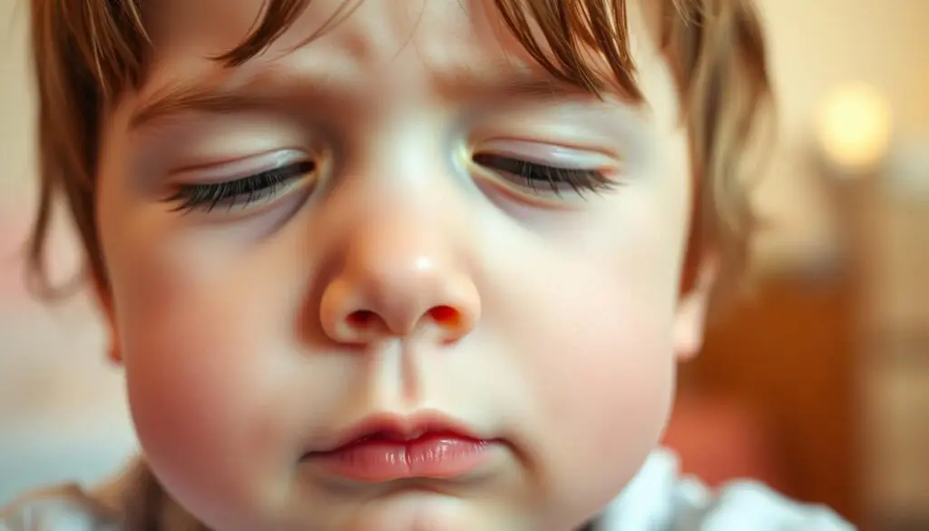 A young child's face, eyes gently closed, with a concerned, slightly congested expression. The nose appears slightly swollen, with subtle redness around the nostrils. Soft, diffused lighting illuminates the child's features, creating a warm, comforting atmosphere. The background is blurred, subtly hinting at a domestic setting, allowing the viewer to focus on the child's facial details. Crisp, detailed rendering of the skin texture, facial contours, and tiny hairs around the nose capture the delicate nature of a child's complexion. The overall mood is one of gentle concern, conveying the symptoms of a stuffy, congested nose in a visually engaging and empathetic manner.