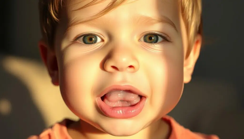 A young child's face, mouth slightly open, revealing the inside with a hint of discoloration or unpleasant odor. The lighting is warm and soft, casting gentle shadows that accentuate the features. The background is blurred, with a soothing, calming palette of muted tones that draw the viewer's focus to the child's expression. The composition is tight, emphasizing the central concern of the image - the potential causes of an unpleasant smell from a child's mouth, a common but concerning issue for parents.