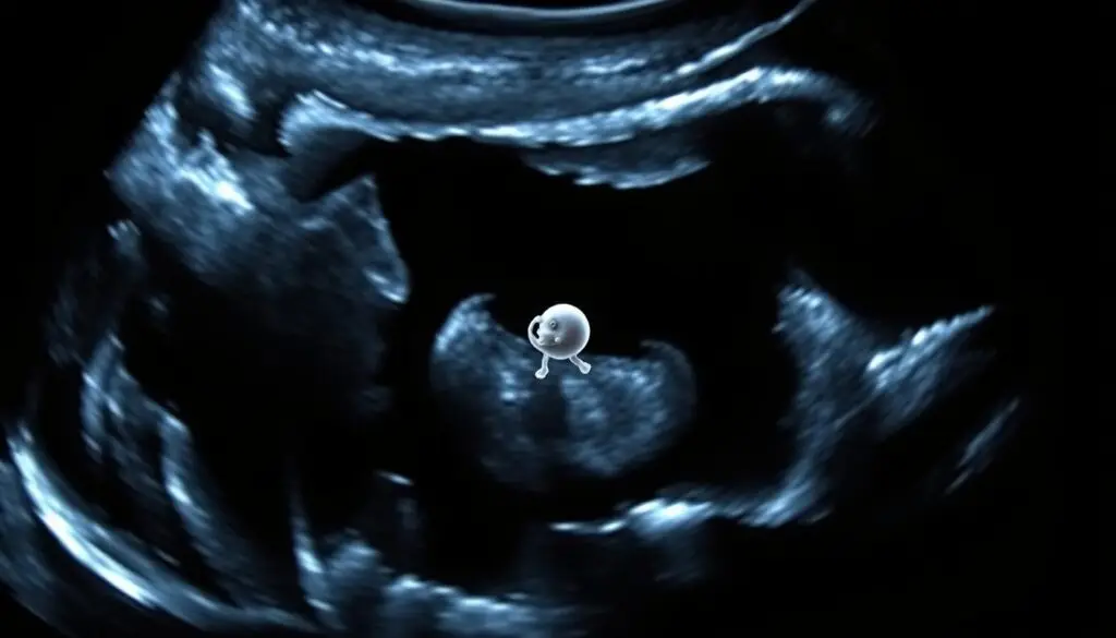 An early pregnancy ultrasound image showing a clear, distinct gestational sac within the uterus. The sac is filled with fluid and contains a small, visible embryo. The image is captured with a high-resolution medical-grade ultrasound device, providing a detailed, high-contrast view. The background is dark, allowing the gestational sac and embryo to stand out prominently. Soft, even lighting illuminates the scene, creating a serene, clinical atmosphere. The composition focuses tightly on the uterus, with no distracting elements in the frame. The overall image conveys the pivotal moment when the pregnancy is first visually confirmed through medical imaging.