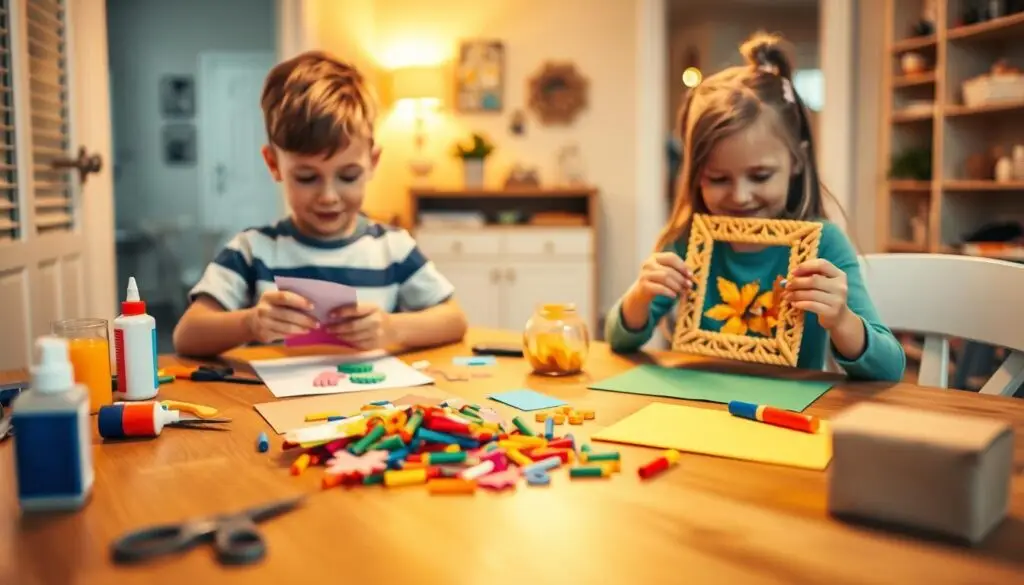 Children creating gifts for Mother's Day and Father's Day. A cozy, well-lit home interior with a wooden table in the foreground. On the table, colorful construction paper, scissors, glue, and other crafting supplies. Two young children, a boy and a girl, sit at the table, focused on their DIY projects. The boy is making a card, carefully cutting and gluing shapes, while the girl is assembling a macaroni picture frame. Warm, soft lighting illuminates the scene, casting a gentle glow. The atmosphere is one of creativity, family, and shared moments. The composition emphasizes the children's hands and the process of making the gifts, inviting the viewer to imagine the joy and pride they will feel when presenting their handmade presents.