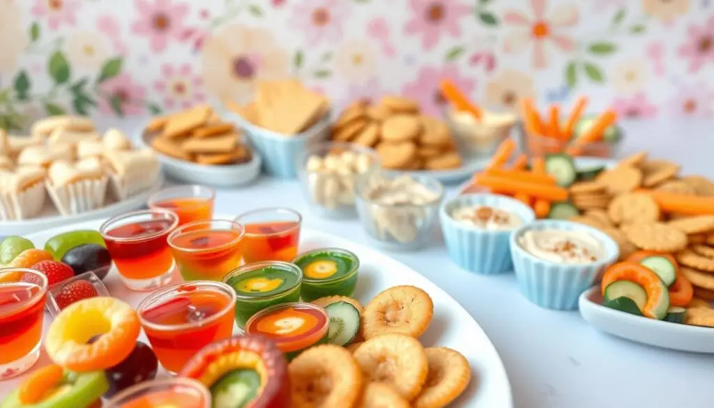 Colorful and whimsical snacks for a 6-year-old's birthday party. In the foreground, an assortment of vibrant fruit skewers, rainbow-colored jelly cups, and bite-sized veggie pinwheels artfully arranged on a white platter. The middle ground features a variety of crunchy crackers, cheese cubes, and hummus dip with carrot and cucumber sticks, all presented in a visually appealing manner. The background has a soft, pastel-toned floral backdrop, creating a serene and inviting atmosphere. The lighting is natural and diffused, highlighting the colors and textures of the snacks. The overall composition is balanced, with a focus on clean lines, symmetry, and a playful, whimsical aesthetic to appeal to a young child's taste and imagination. Colorful and whimsical snacks for a 6-year-old's birthday party. In the foreground, an assortment of vibrant fruit skewers, rainbow-colored jelly cups, and bite-sized veggie pinwheels artfully arranged on a white platter. The middle ground features a variety of crunchy crackers, cheese cubes, and hummus dip with carrot and cucumber sticks, all presented in a visually appealing manner. The background has a soft, pastel-toned floral backdrop, creating a serene and inviting atmosphere. The lighting is natural and diffused, highlighting the colors and textures of the snacks. The overall composition is balanced, with a focus on clean lines, symmetry, and a playful, whimsical aesthetic to appeal to a young child's taste and imagination.