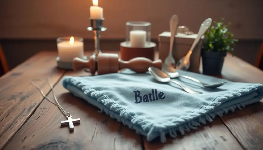 Personalized christening gifts for a boy, displayed on a rustic wooden table. In the foreground, a delicate silver cross necklace and a soft baby blue blanket with an embroidered name. In the middle, a handcrafted wooden rattle and a set of engraved silver spoons. In the background, a candle-lit christening candle and a small potted plant. The scene is bathed in warm, natural lighting, creating a serene and intimate atmosphere, capturing the significance and personalization of these thoughtful gifts for a newborn boy's christening. Personalized christening gifts for a boy, displayed on a rustic wooden table. In the foreground, a delicate silver cross necklace and a soft baby blue blanket with an embroidered name. In the middle, a handcrafted wooden rattle and a set of engraved silver spoons. In the background, a candle-lit christening candle and a small potted plant. The scene is bathed in warm, natural lighting, creating a serene and intimate atmosphere, capturing the significance and personalization of these thoughtful gifts for a newborn boy's christening.