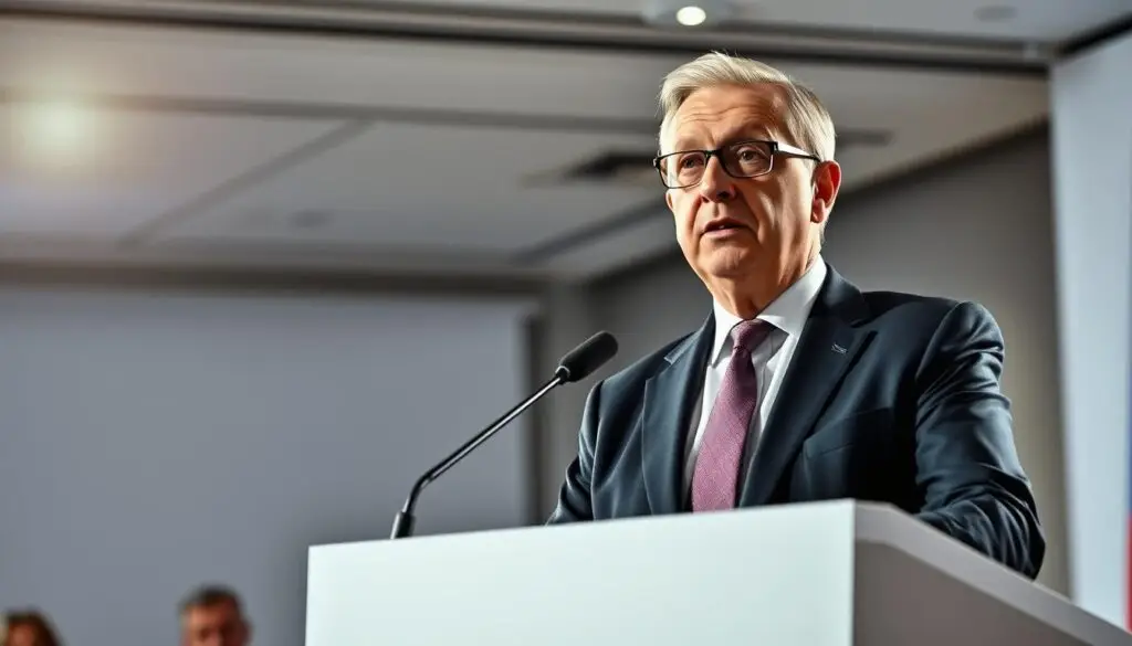 Ryszard Terlecki, a prominent Polish politician, standing at a podium in a formal suit, addressing a crowd with a serious expression. The scene is set in a spacious, well-lit conference room with sleek, modern furnishings. The lighting is focused, casting dramatic shadows and highlights on Terlecki's face, conveying a sense of authority and gravitas. The background is slightly blurred, placing the emphasis on the subject and his impassioned speech, capturing the essence of his long-standing political career.