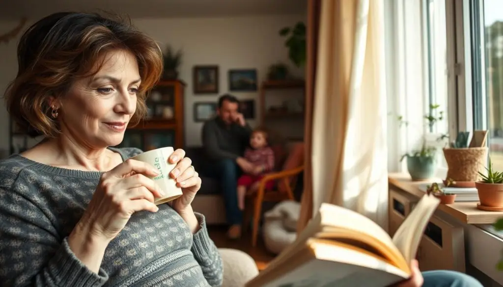 A candid, fly-on-the-wall glimpse into the everyday life of acclaimed Polish actress Maria Dębska. In the foreground, Maria relaxes at home, sipping coffee and reading a book. Warm, natural lighting filters through the window, casting a soft glow on her features. In the middle ground, a glimpse of her family - a husband and young child - can be seen engaged in casual conversation. The background reveals cozy, domestic details that hint at Maria's private life beyond the spotlight - family photos, potted plants, and other personal touches that add authenticity to the scene. An intimate, unguarded portrait that captures the actress's down-to-earth nature and the joys of her home life. A candid, fly-on-the-wall glimpse into the everyday life of acclaimed Polish actress Maria Dębska. In the foreground, Maria relaxes at home, sipping coffee and reading a book. Warm, natural lighting filters through the window, casting a soft glow on her features. In the middle ground, a glimpse of her family - a husband and young child - can be seen engaged in casual conversation. The background reveals cozy, domestic details that hint at Maria's private life beyond the spotlight - family photos, potted plants, and other personal touches that add authenticity to the scene. An intimate, unguarded portrait that captures the actress's down-to-earth nature and the joys of her home life.