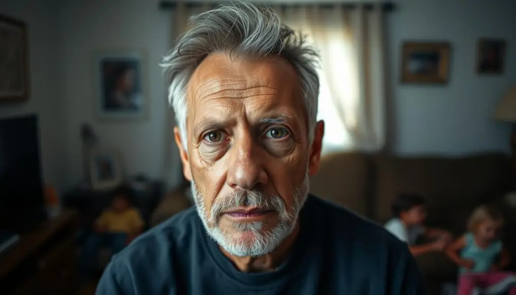 A candid, photojournalistic portrait of the artist Mrozu in his private life. Intimate and unguarded, the image captures him in a quiet moment, perhaps at home with his family. Soft, natural lighting illuminates his face, conveying a sense of warmth and vulnerability. The composition is carefully balanced, with Mrozu positioned in the foreground, while the background suggests the comforts of domestic life - a cozy living room, family photos, or a glimpse of his children playing. The overall mood is pensive, reflective, hinting at the delicate balance between Mrozu's public persona and private identity as a husband and father.