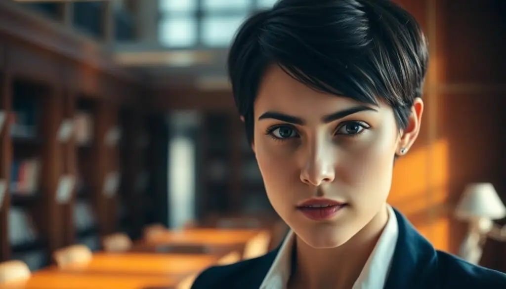 A close-up portrait of a young, serious-looking woman with short, dark hair and intense, focused eyes. She is wearing a white blouse and a navy blue blazer, conveying a professional, academic appearance. The background is a blurred, warm-toned library setting, with rows of bookshelves and a desk visible in the distance, suggesting an intellectual, scholarly environment. The lighting is soft and directional, creating subtle shadows and highlights that accentuate the woman's features and create a contemplative, introspective mood. The overall composition and styling evoke a sense of intelligence, education, and dedication.