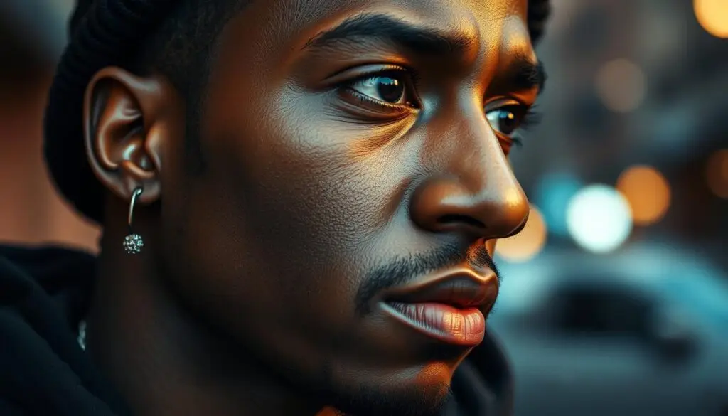 A closeup portrait of a rapper with a thoughtful, introspective expression, set against a blurred urban backdrop. The subject has distinct facial features, textured skin, and a deliberate gaze. Soft, warm lighting illuminates the face, creating depth and dimension. The overall mood is one of contemplation and authenticity, reflecting the artist's true identity beyond their public persona. The image conveys a sense of revealing the private individual behind the stage name.