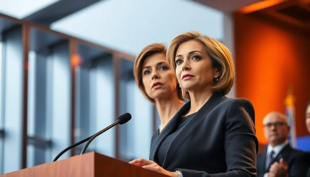 A confident, poised woman in a crisp, tailored suit stands at a podium, addressing a crowd. Her expression is resolute, her gestures purposeful. Warm stage lighting illuminates her face, creating a sense of intensity and authority. In the background, a backdrop of sleek, modern architecture suggests a professional, political setting. The composition is balanced, with the woman occupying the center of the frame, conveying a strong public presence. The overall mood is one of decisive leadership and a carefully curated public image.