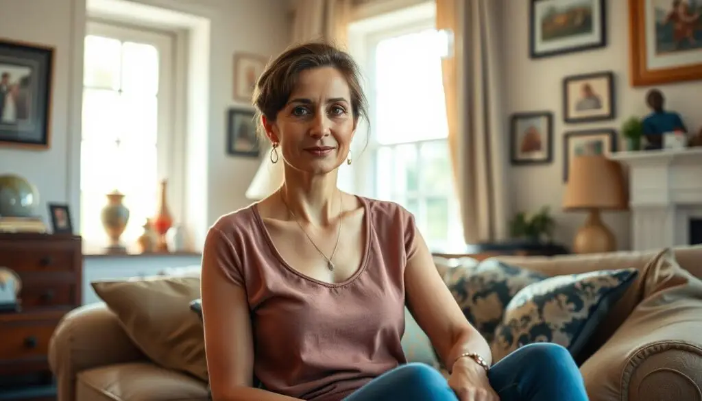 A cozy, intimate portrait of Kalina Ben Sira in her private life. She sits comfortably in a sunlit, well-appointed living room, surrounded by family mementos and personal effects. Her expression is serene and contemplative, hinting at the balance she strikes between her public persona and private world. The lighting is soft and flattering, accentuating her natural beauty. The composition draws the viewer in, allowing them to glimpse the warmth and tranquility of Kalina's everyday existence, away from the spotlight.