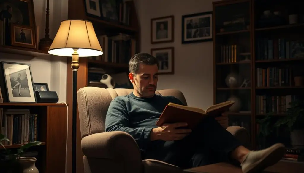 A cozy, intimate scene of Franciszek Kownacki's private life. He sits relaxed in an armchair, reading a book by the warm glow of a floor lamp. The room is filled with personal touches - bookshelves, framed photos, potted plants. Soft, indirect lighting creates a contemplative atmosphere, highlighting Franciszek's pensive expression as he immerses himself in the pages. The setting conveys a sense of tranquility and introspection, away from the spotlight of his dancing career. Subtle, realistic textures and a neutral color palette evoke the comforts of home and a life beyond the stage. A cozy, intimate scene of Franciszek Kownacki's private life. He sits relaxed in an armchair, reading a book by the warm glow of a floor lamp. The room is filled with personal touches - bookshelves, framed photos, potted plants. Soft, indirect lighting creates a contemplative atmosphere, highlighting Franciszek's pensive expression as he immerses himself in the pages. The setting conveys a sense of tranquility and introspection, away from the spotlight of his dancing career. Subtle, realistic textures and a neutral color palette evoke the comforts of home and a life beyond the stage.