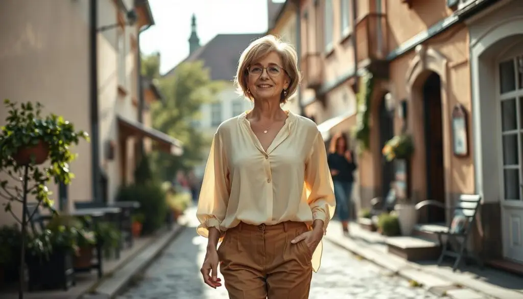 A cozy, sun-dappled afternoon in the quaint streets of Białystok, as Danuta Martyniuk, the wife of the renowned singer Zenek, strolls leisurely, taking in the charming local sights. Her warm, inviting demeanor radiates through the frame, captured in a medium shot that showcases her stylish yet understated attire – a flowing blouse and a pair of comfortable slacks, perfectly complemented by her signature glasses and a gentle smile. The background is a delightful blend of cobblestone streets, historic architecture, and lush greenery, creating a sense of tranquility and small-town ambiance. Soft, diffused natural lighting bathes the scene, evoking a serene and intimate atmosphere, reflecting the private, relaxed nature of Danuta's everyday life in her hometown. A cozy, sun-dappled afternoon in the quaint streets of Białystok, as Danuta Martyniuk, the wife of the renowned singer Zenek, strolls leisurely, taking in the charming local sights. Her warm, inviting demeanor radiates through the frame, captured in a medium shot that showcases her stylish yet understated attire – a flowing blouse and a pair of comfortable slacks, perfectly complemented by her signature glasses and a gentle smile. The background is a delightful blend of cobblestone streets, historic architecture, and lush greenery, creating a sense of tranquility and small-town ambiance. Soft, diffused natural lighting bathes the scene, evoking a serene and intimate atmosphere, reflecting the private, relaxed nature of Danuta's everyday life in her hometown.