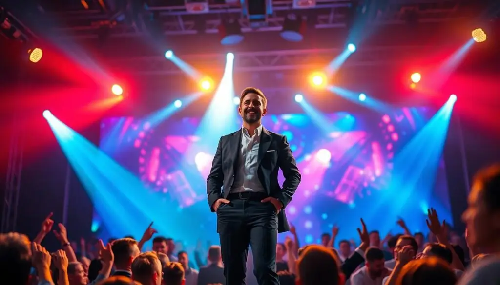 A large, well-lit stage with a captivating spotlight illuminating a charismatic Paweł Jasionowski, the leader of the popular Masters disco polo band. He stands confidently, dressed in a sleek, tailored suit, exuding a sense of warmth and compassion as he engages with the enthusiastic audience. The background features a vibrant, colorful disco-inspired lighting setup, creating an energetic and celebratory atmosphere. The scene conveys Jasionowski's commitment to using his platform for charitable causes, with the audience reflecting the joy and unity of his altruistic endeavors.