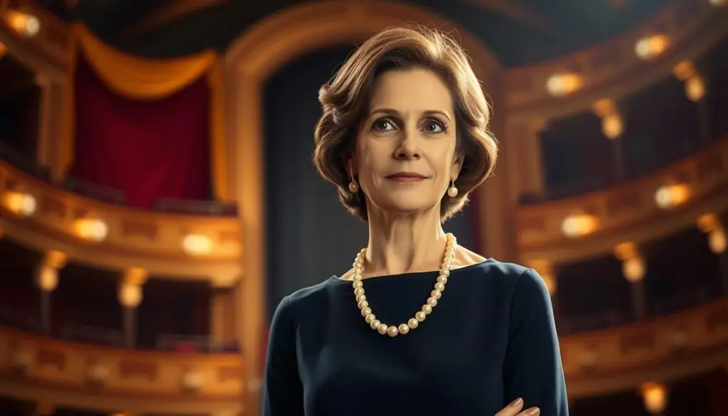 A middle-aged woman in a navy blue dress and pearls stands confidently on a theater stage, her expression focused and her posture poised. Soft lighting casts a warm glow, highlighting the rich colors and textures of the elegant stage backdrop. The woman's face is serene, yet her eyes convey a sense of depth and experience, reflecting her many years of acting in Polish theater. The composition is balanced, with the woman occupying the central foreground, surrounded by the subtle details of the stage setting. An air of professionalism and accomplishment permeates the scene, capturing the essence of Hanna Turnau's successful acting career in Poland. A middle-aged woman in a navy blue dress and pearls stands confidently on a theater stage, her expression focused and her posture poised. Soft lighting casts a warm glow, highlighting the rich colors and textures of the elegant stage backdrop. The woman's face is serene, yet her eyes convey a sense of depth and experience, reflecting her many years of acting in Polish theater. The composition is balanced, with the woman occupying the central foreground, surrounded by the subtle details of the stage setting. An air of professionalism and accomplishment permeates the scene, capturing the essence of Hanna Turnau's successful acting career in Poland.