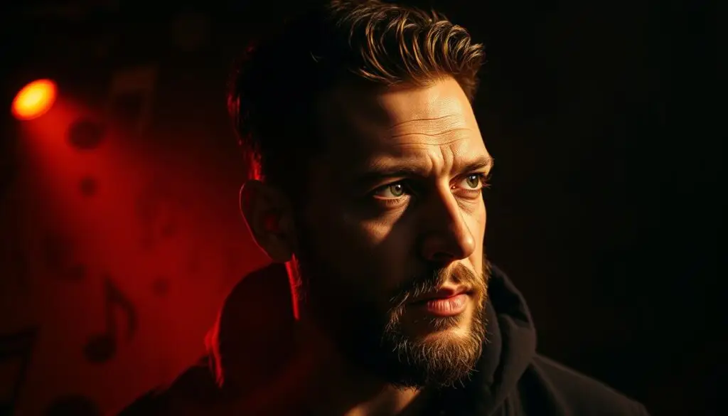 A moody, atmospheric image of the Polish rapper Kizo's musical influences and style. In the foreground, Kizo's face is illuminated by warm, theatrical lighting, capturing his intense expression and creative energy. In the middle ground, abstract musical motifs and symbols swirl around him, representing the diverse sounds and genres that inspire his own unique rap style. The background is shrouded in deep shadows, creating a dramatic, cinematic mood that enhances the sense of Kizo as a compelling and multifaceted artist. The overall composition and lighting evoke a sense of artistic passion, personal authenticity, and musical innovation.