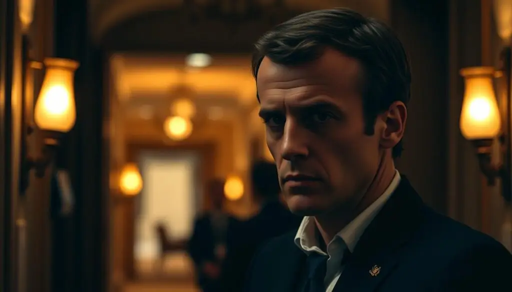 A pensive Emmanuel Macron stands in a dimly lit corridor, his brow furrowed as he contemplates his political journey. The warm glow of wall sconces casts a subtle spotlight on his face, highlighting the weight of responsibility etched in his features. In the background, a blur of activity suggests the bustling world of French politics, a contrast to the intimate, introspective moment captured. The composition is framed with a sense of drama, hinting at the delicate balance between Macron's public persona and private reflections on his career. A pensive Emmanuel Macron stands in a dimly lit corridor, his brow furrowed as he contemplates his political journey. The warm glow of wall sconces casts a subtle spotlight on his face, highlighting the weight of responsibility etched in his features. In the background, a blur of activity suggests the bustling world of French politics, a contrast to the intimate, introspective moment captured. The composition is framed with a sense of drama, hinting at the delicate balance between Macron's public persona and private reflections on his career.