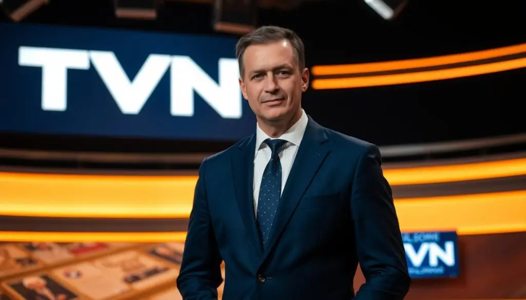 A professional news anchor, Grzegorz Kajdanowicz, stands confidently in the dimly lit studio of TVN, Poland's leading private television network. Dressed in a sharp navy blue suit, he faces the camera with a poised and authoritative presence. The studio is bathed in a warm, amber glow, creating a professional and informative atmosphere. The camera is positioned slightly above eye level, lending an air of gravitas to Kajdanowicz's appearance. In the background, the TVN logo is prominently displayed, reinforcing the brand and the journalist's association with the network. The overall scene conveys Kajdanowicz's expertise, credibility, and his role as a respected and trusted voice in Polish journalism. A professional news anchor, Grzegorz Kajdanowicz, stands confidently in the dimly lit studio of TVN, Poland's leading private television network. Dressed in a sharp navy blue suit, he faces the camera with a poised and authoritative presence. The studio is bathed in a warm, amber glow, creating a professional and informative atmosphere. The camera is positioned slightly above eye level, lending an air of gravitas to Kajdanowicz's appearance. In the background, the TVN logo is prominently displayed, reinforcing the brand and the journalist's association with the network. The overall scene conveys Kajdanowicz's expertise, credibility, and his role as a respected and trusted voice in Polish journalism.