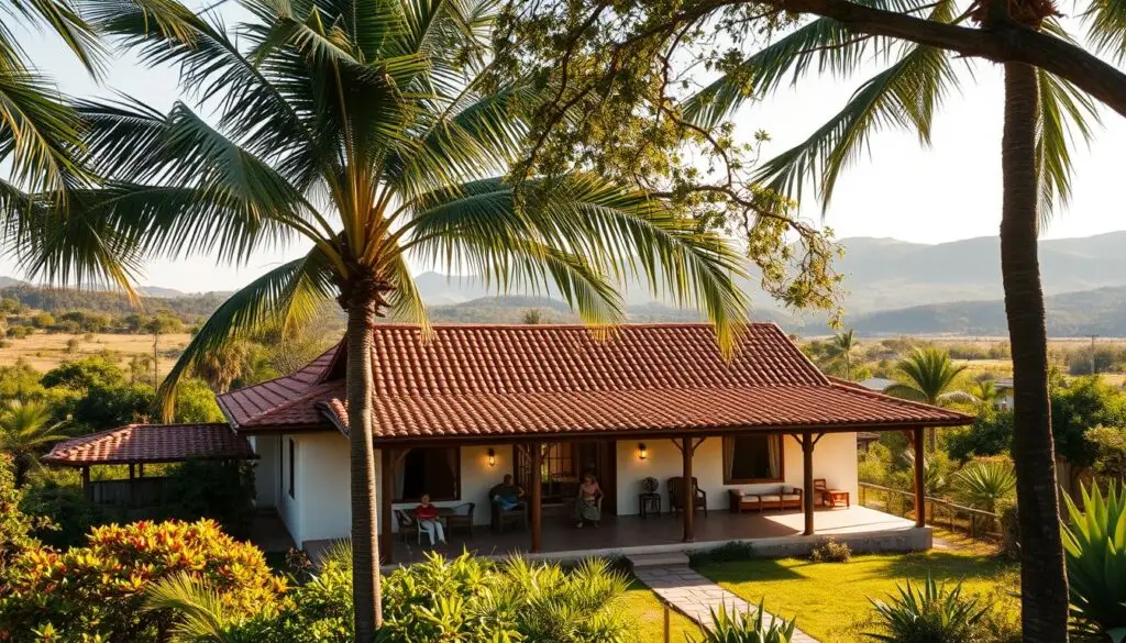 A sprawling African homestead nestled amidst lush, verdant vegetation, with a large, single-story dwelling at the center. Terracotta-tiled roof, whitewashed walls, and wide, shaded porches exuding a warm, welcoming atmosphere. A family of four relaxes on the porch, enjoying the tranquil setting - a father, mother, and two children playing happily. Soft, golden sunlight filters through the swaying palm trees, casting gentle shadows across the scene. In the background, rolling hills dotted with vibrant flora provide a picturesque backdrop, conveying a sense of peaceful seclusion. An intimate glimpse into the Kozerski family's idyllic life in their African sanctuary.