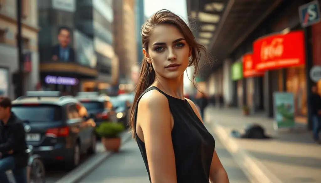 A stylish and sophisticated young woman, Lila Janowska, stands confidently in a chic urban setting. The soft natural lighting accentuates her elegant features and trendy attire - a sleek black dress, minimal jewelry, and a pair of designer heels. In the background, the bustling streets of a modern city provide a dynamic contrast, hinting at Lila's active and fashionable lifestyle. The overall mood is one of refined elegance and urban sophistication, capturing the essence of Lila Janowska's captivating persona.