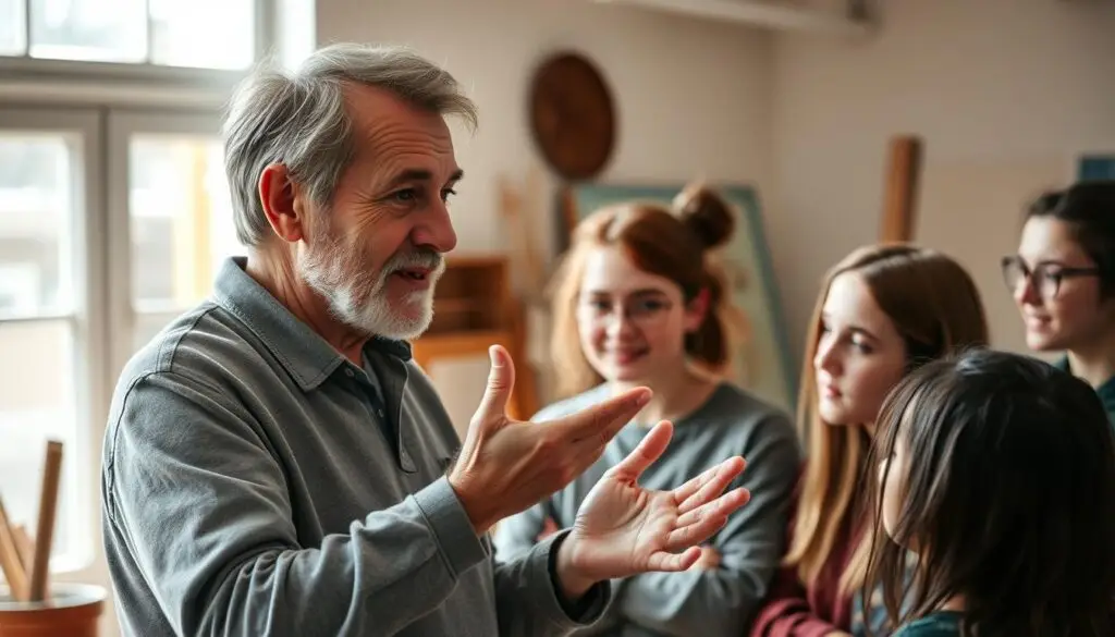 A warm, well-lit studio setting with an experienced, thoughtful artist mentor gesturing and sharing wisdom with a group of young, eager aspiring artists surrounding him. The mentor's face exudes a calm, guiding presence, his hands expressive as he speaks. The students, faces rapt with attention, lean in to listen intently. Soft, natural lighting illuminates the scene, casting gentle shadows. The background features hints of creative tools and artwork, conveying a space of artistic inspiration and mentorship.