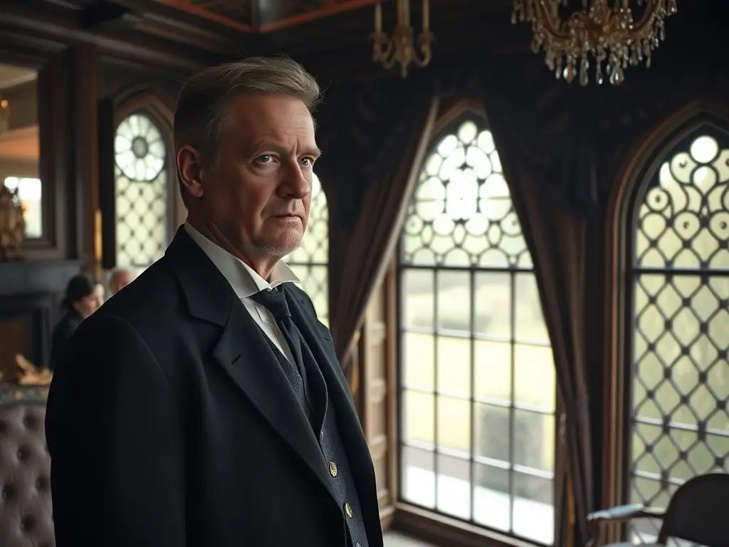 Archibald Craven z Tajemniczego ogrodu stojący przy oknie w posiadłości