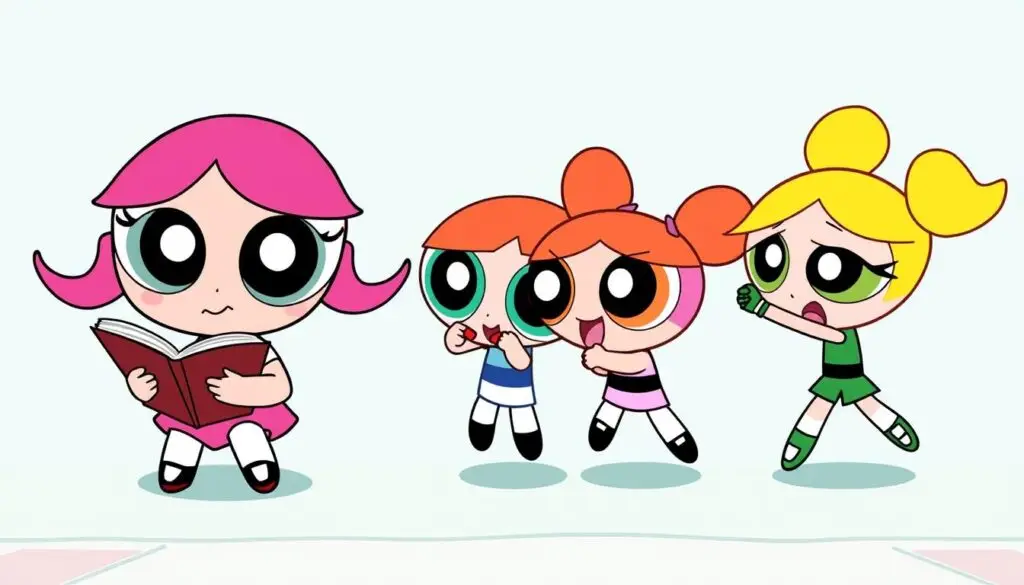 Atomówki w różnych sytuacjach pokazujących ich charaktery - Bójka czytająca książkę, Bajka z zwierzętami, Brawurka podczas treningu