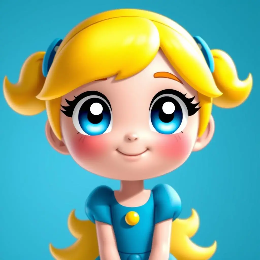 Bajka (Bubbles) - niebieska Atomówka z blond włosami związanymi w dwa kucyki