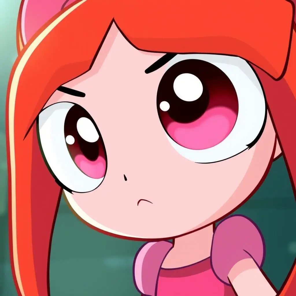 Bójka (Blossom) - różowa Atomówka z długimi rudymi włosami i czerwoną kokardą