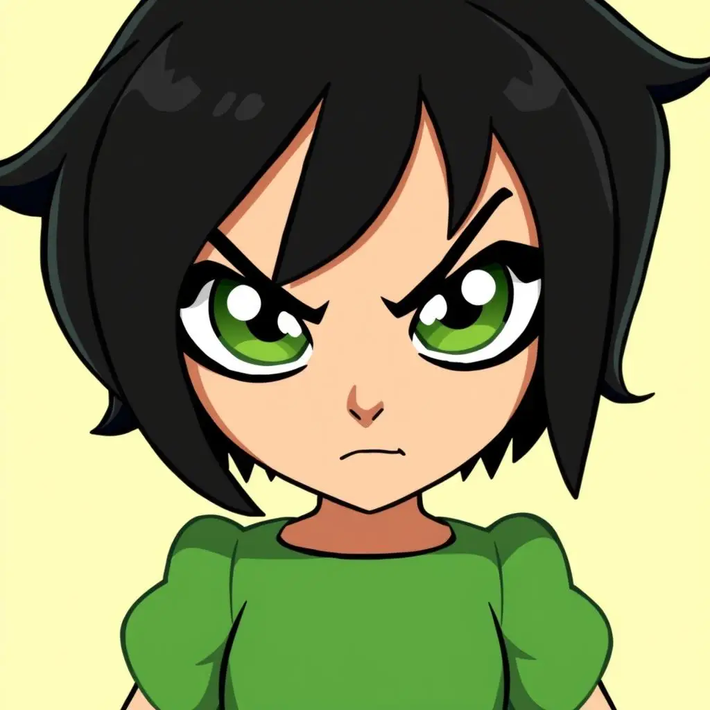 Brawurka (Buttercup) - zielona Atomówka z krótkimi czarnymi włosami