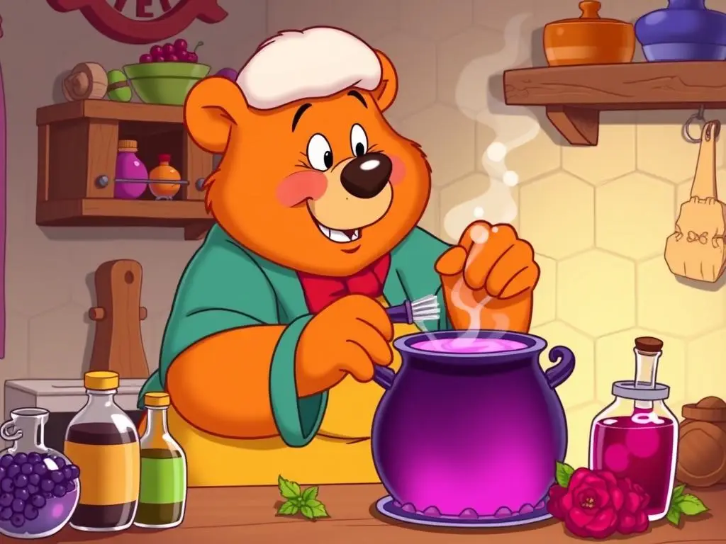 Bunia Gumiś przygotowująca magiczny sok z gumijagód w swoim kociołku