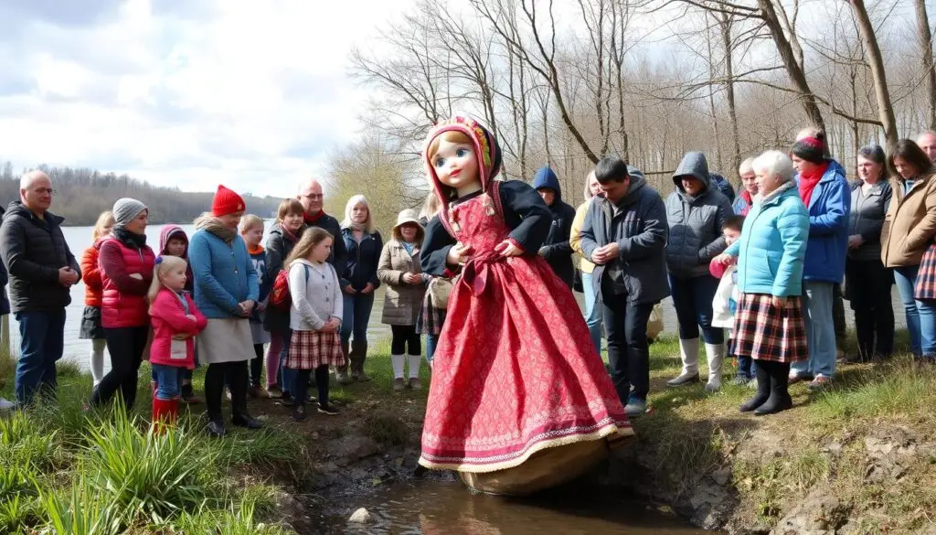 Ceremonia topienia marzanny nad rzeką w pierwszy dzień wiosny