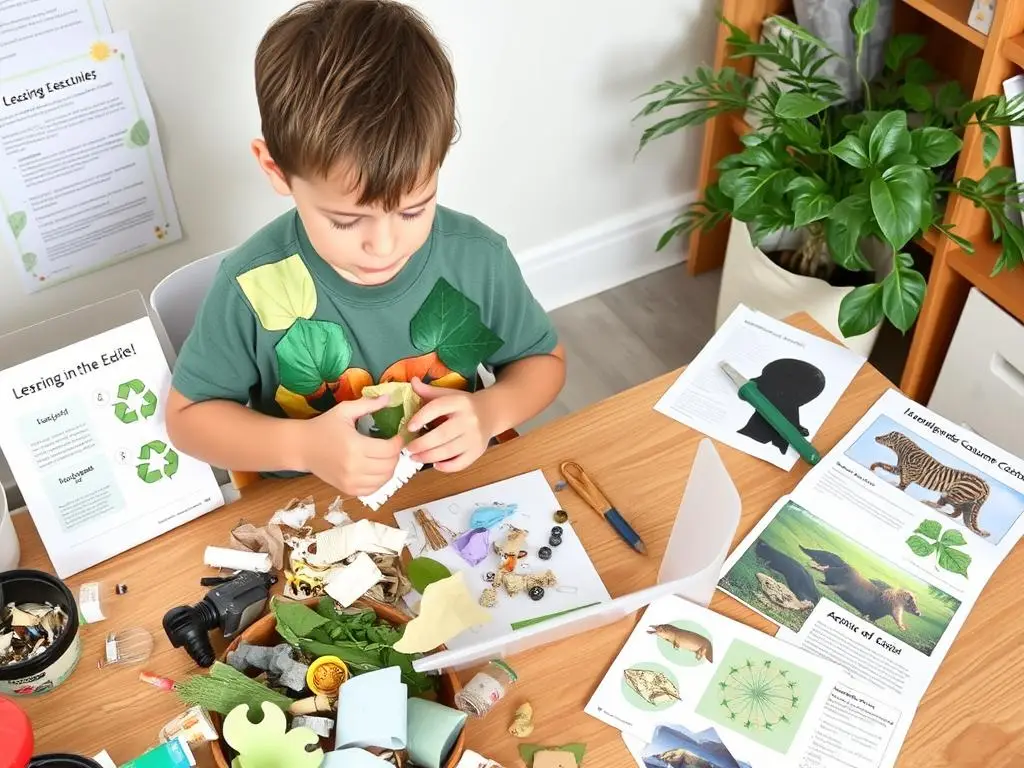 Chłopiec uczący się o ekologii podczas tworzenia stroju z recyklingu Chłopiec uczący się o ekologii podczas tworzenia stroju z recyklingu