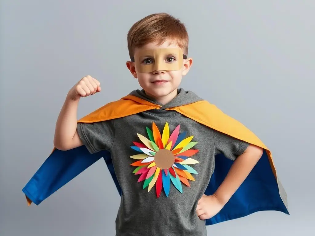 Chłopiec w ekologicznym stroju superbohatera z peleryną z materiału z recyklingu Chłopiec w ekologicznym stroju superbohatera z peleryną z materiału z recyklingu