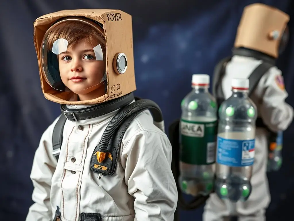 Chłopiec w stroju astronauty wykonanym z materiałów z recyklingu Chłopiec w stroju astronauty wykonanym z materiałów z recyklingu