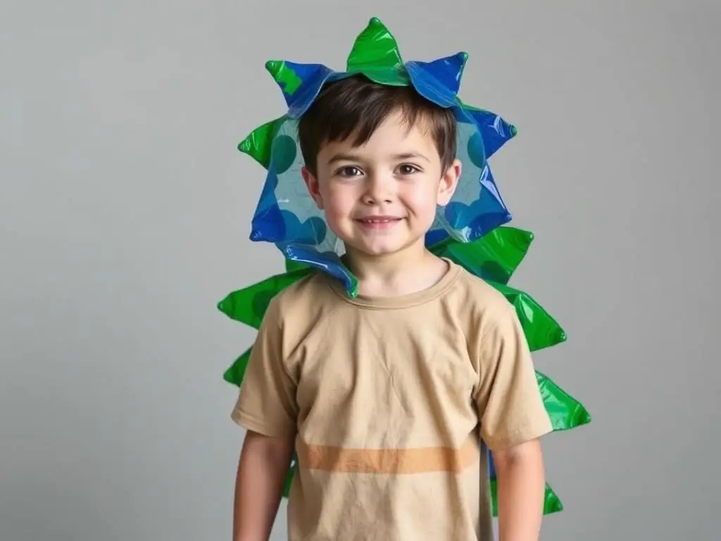 Chłopiec w stroju zwierzęcia wykonanym z butelek plastikowych Chłopiec w stroju zwierzęcia wykonanym z butelek plastikowych