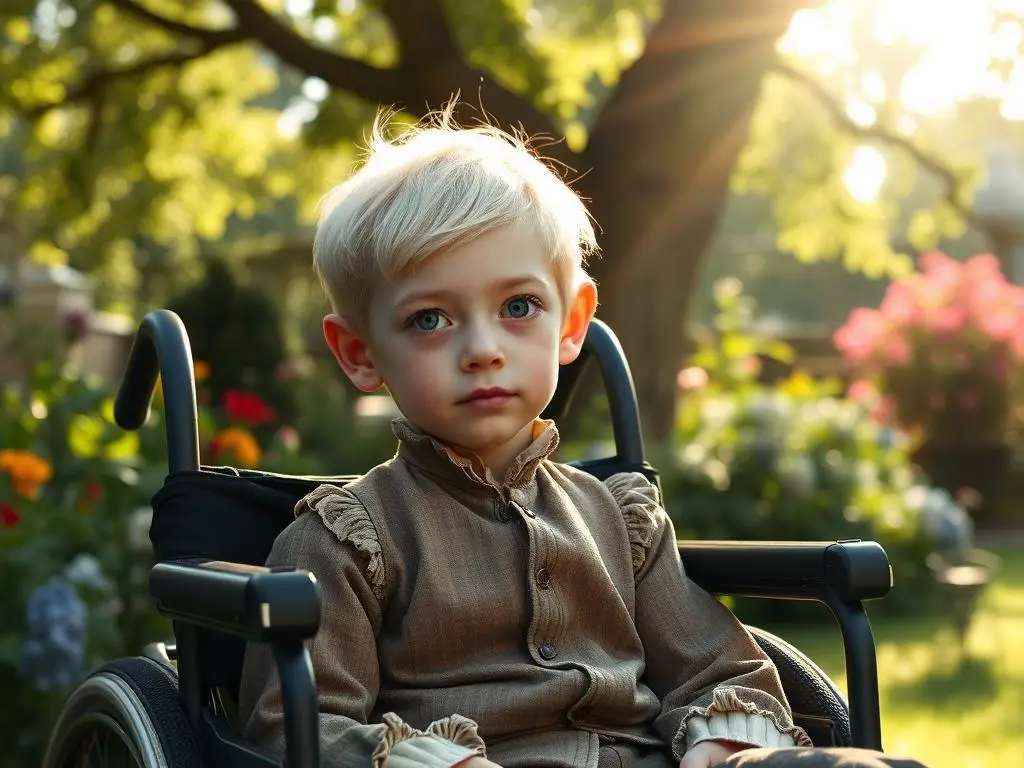 Colin Craven z Tajemniczego ogrodu siedzący na wózku inwalidzkim w ogrodzie