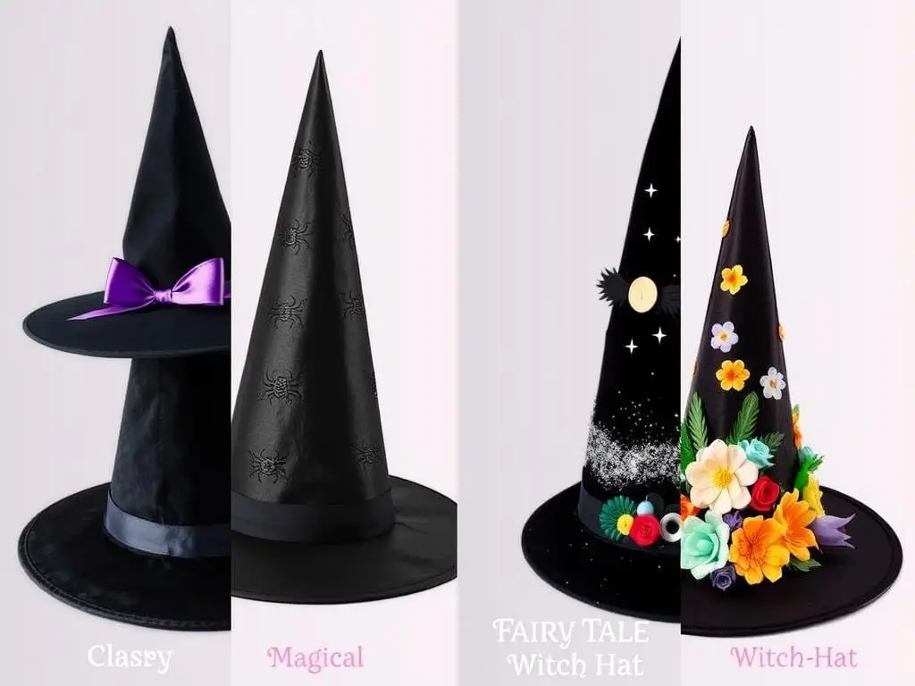 Cztery różne style kapeluszy czarownicy: klasyczny, straszny, magiczny i bajkowy