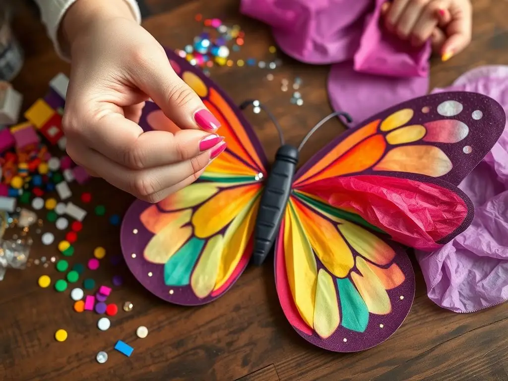 Dekorowanie skrzydeł motyla cekinami i brokatem