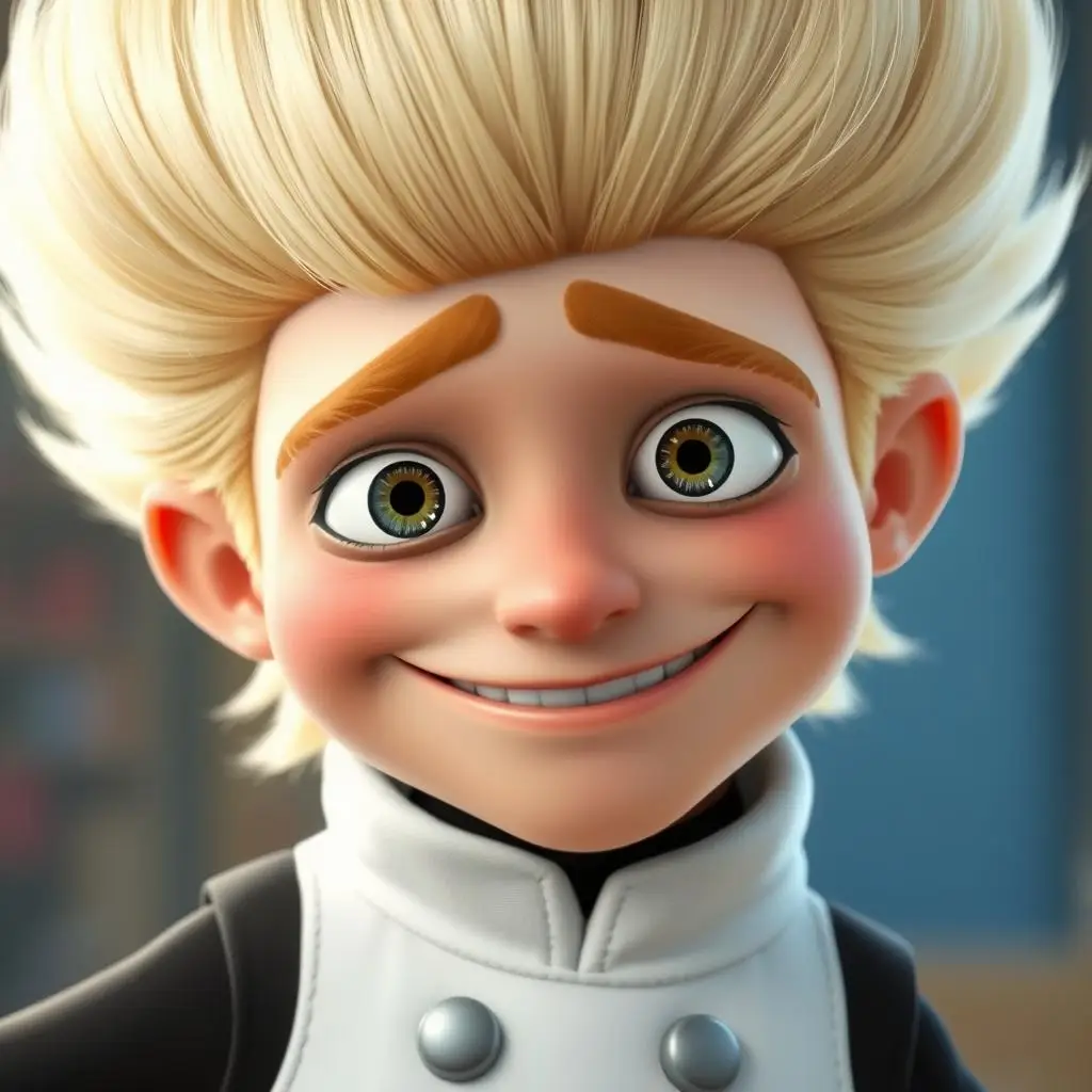 Dru - brat bliźniak Gru, blondyn w białym ubraniu