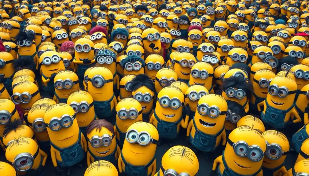 Duża grupa minionków różnych typów zgromadzona razem, pokazująca różnorodność postaci