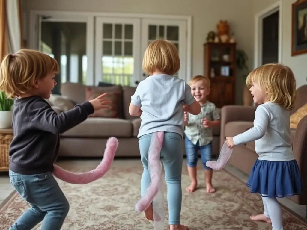 Dzieci bawiące się z ogonami kotów z rajstop