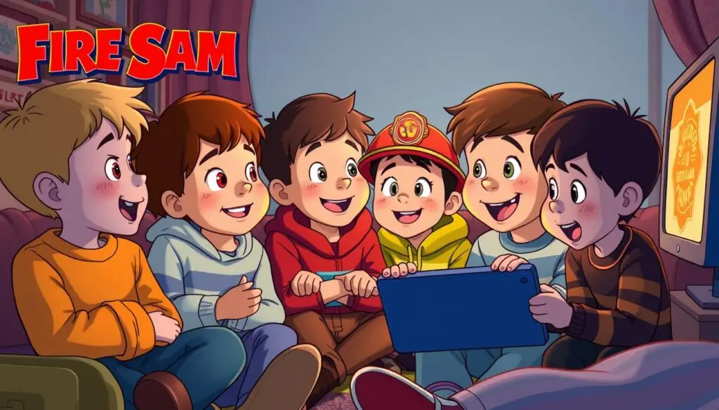 Dzieci oglądające bajkę Strażak Sam z zainteresowaniem