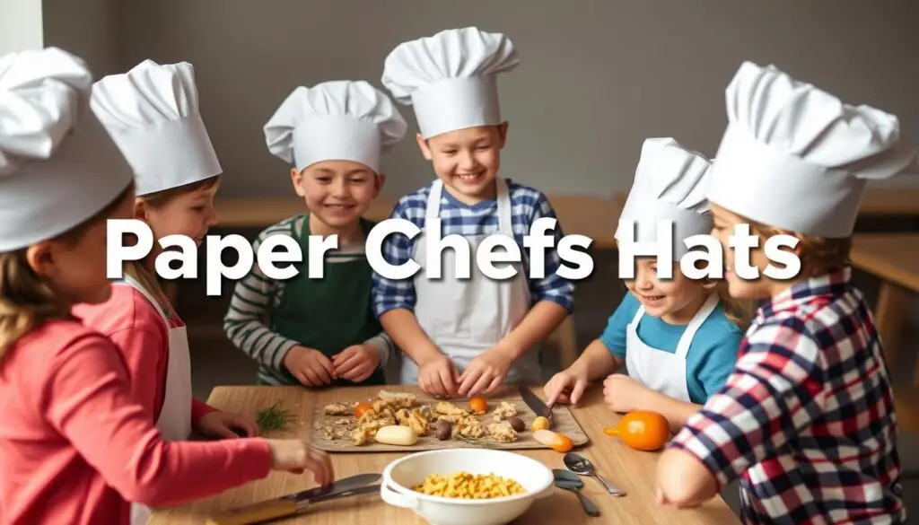 Dzieci w czapkach kucharskich podczas zabawy w gotowanie