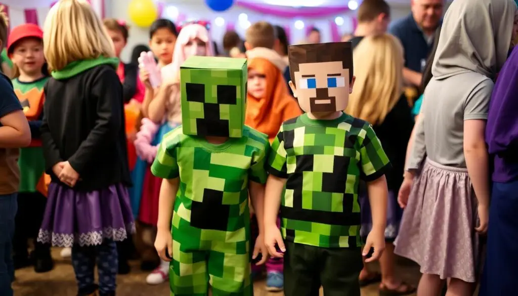 Dzieci w kostiumach Minecraft na balu karnawałowym - Creeper i Steve